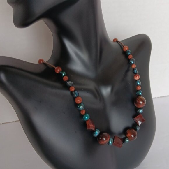Hand Crafted Beaded Necklace With Blue Baroque Pearls & Brown Stone Beads NWT - Picture 8 of 16